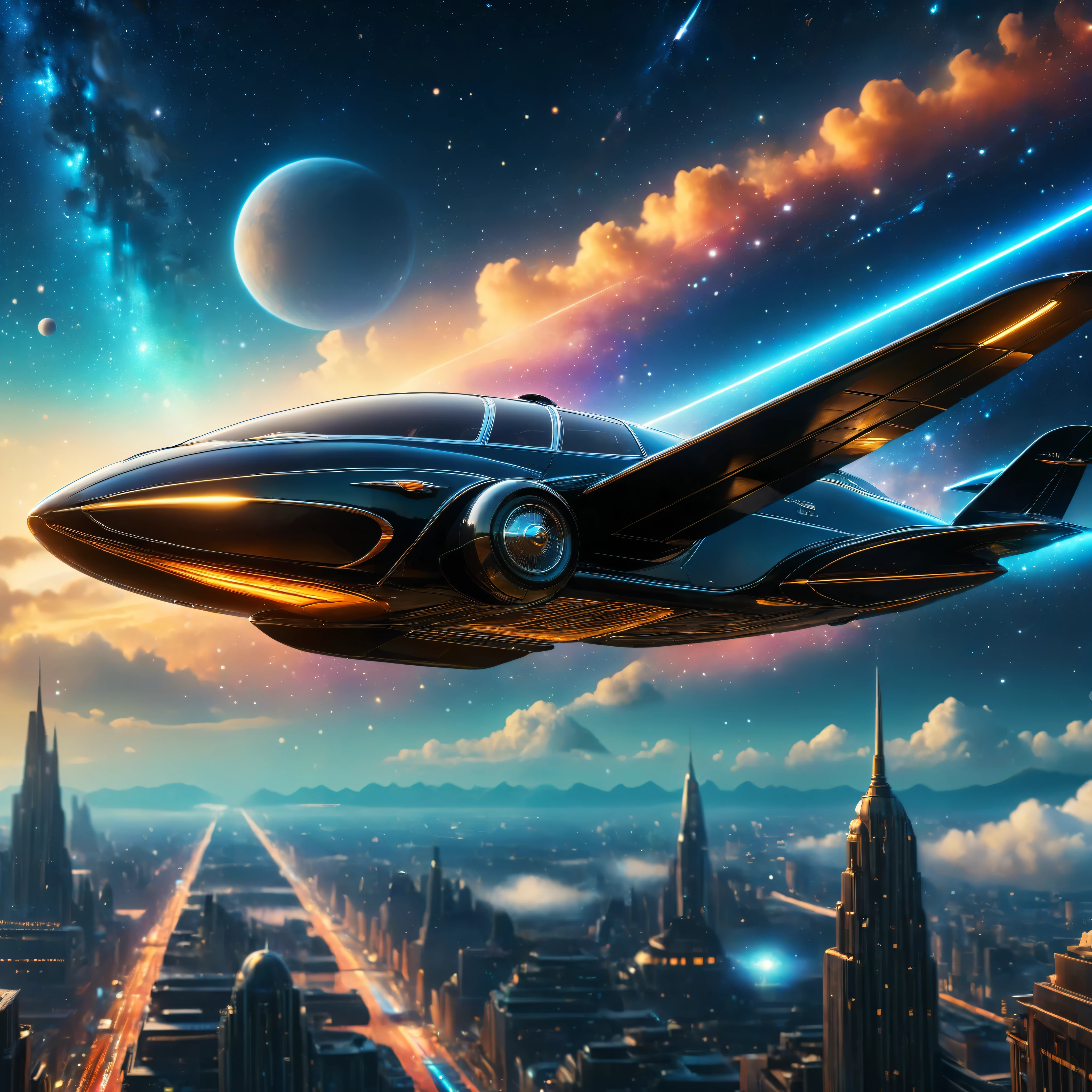 art deco style flying car, art deco style science fiction, background is vast starry sky. | (best quality,4k,8k,highres,masterpiece:1.2),((very low angle view):1.5), ultra-detailed,(realistic,photorealistic,photo-realistic:1.37),HDR,UHD,studio lighting,ultra-fine painting,sharp focus,physically-based rendering,extreme detail description,professional,vivid colors,bokeh. | Rendered in ultra-high definition with UHD and retina quality, this masterpiece ensures super detail. With a focus on high quality and accuracy, this award-winning portrayal captures every nuance in stunning 16k resolution, immersing viewers in its lifelike depiction. Avoid extreme angles or exaggerated expressions to maintain realism. ((perfect_composition, perfect_design, perfect_layout, perfect_detail, ultra_detailed)), ((enhance_all, fix_everything)), More Detail, Enhance.