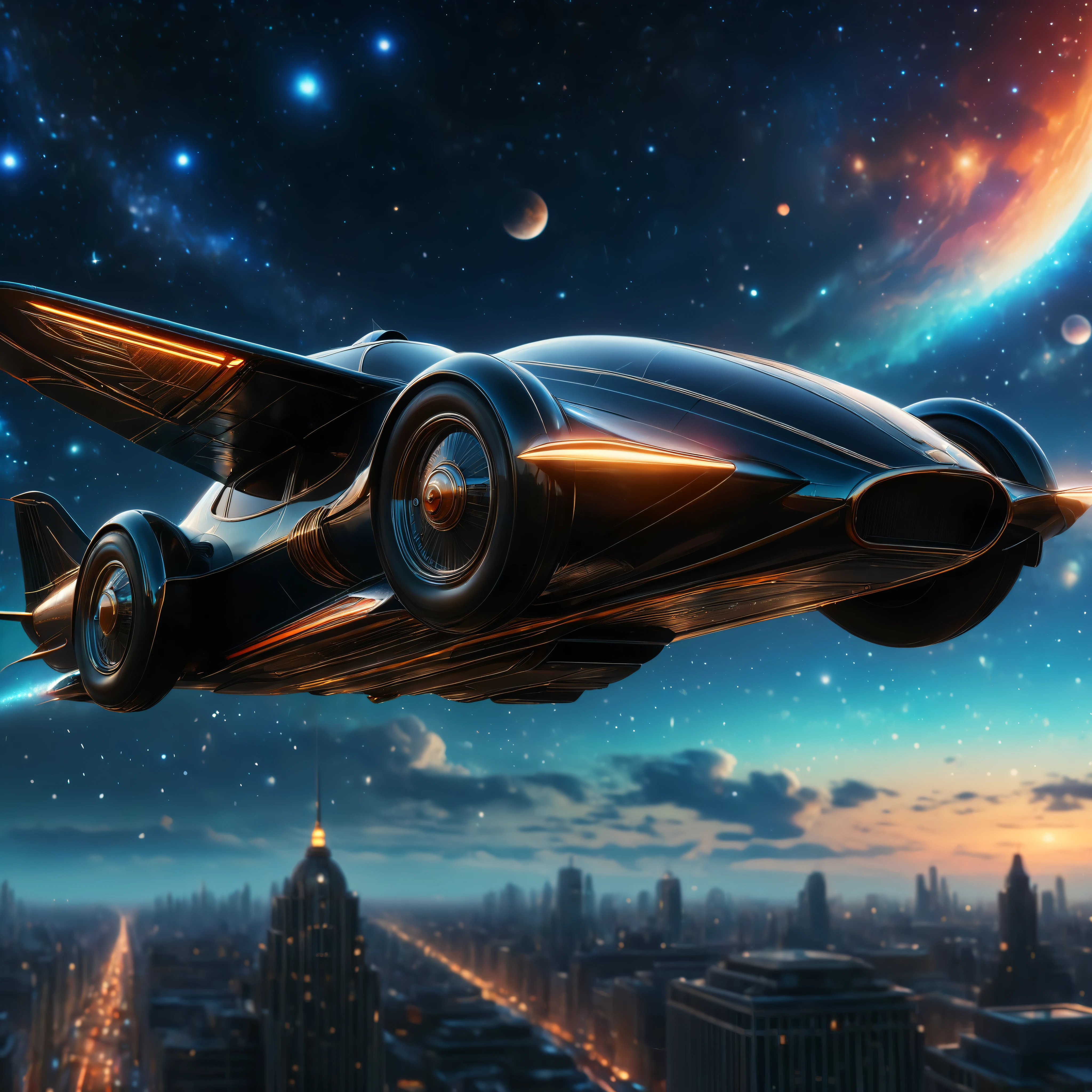 art deco style flying car, art deco style science fiction, background is vast starry sky. | (best quality,4k,8k,highres,masterpiece:1.2),((very low angle view):1.5), ultra-detailed,(realistic,photorealistic,photo-realistic:1.37),HDR,UHD,studio lighting,ultra-fine painting,sharp focus,physically-based rendering,extreme detail description,professional,vivid colors,bokeh. | Rendered in ultra-high definition with UHD and retina quality, this masterpiece ensures super detail. With a focus on high quality and accuracy, this award-winning portrayal captures every nuance in stunning 16k resolution, immersing viewers in its lifelike depiction. Avoid extreme angles or exaggerated expressions to maintain realism. ((perfect_composition, perfect_design, perfect_layout, perfect_detail, ultra_detailed)), ((enhance_all, fix_everything)), More Detail, Enhance.