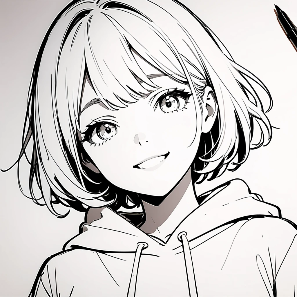 looking at viewer, 1girl, smile, Very Short hair, white hoodie, Sketch, ((lineart)), monochrome, very thin line drawing, Simple white color background