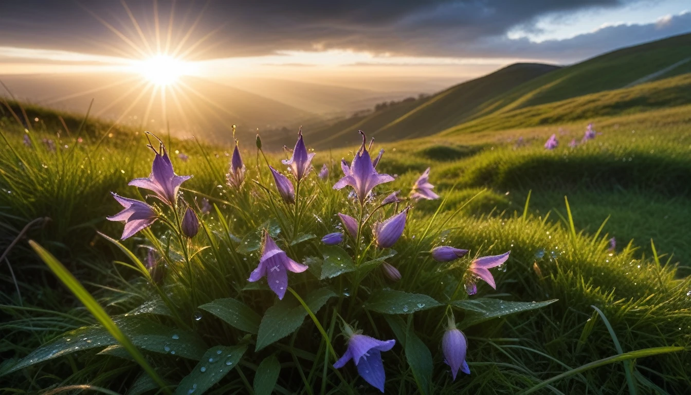 RAW Photography,hill, Bellflower flowers and grass, sunrise, sunrays, drops dew,clouds,lens flare, low wide angle, (sharpness in detail:1.1), Canon EOS 5D Mark IV, masterpiece, 35mm photograph, (iconic photograph:1.4), (visual storytelling:1.2), film grain, award winning photography,vibrant use of light and shadow, vivid colors,high quality textures of materials, volumetric textures perfect composition, dynamic play of light, rich colors, epic shot, perfectly quality, natural textures,high detail, high sharpness, high clarity, detailed ,photoshadow, intricate details, 8k