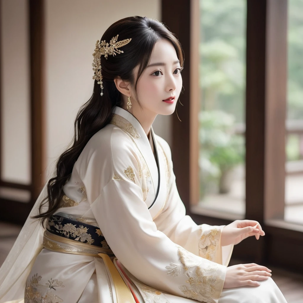 ((Highest quality)), ((masterpiece)), (detailed), (Perfect Face)、The woman is the beautiful Japanese woman, Satomi Ishihara, with large breasts and excellent proportions. She has her medium-long hair tied up and is wearing a luxurious wedding Hanfu with gold embroidery and trim, gorgeous accessories, and an engagement ring.、The woman and a dignified old Chinese man are in a luxurious palace in China, embracing each other, kissing each other in love, and getting married.