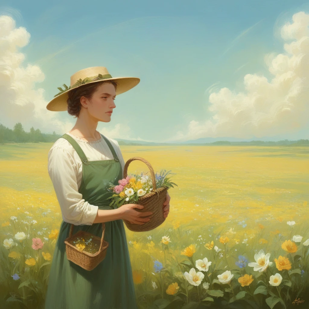 Painting &quot;Woman with a basket of flowers in a field&quot;., Laszlo Balog, In the field with flowers, in a field of flowers, Wojciech Cornelie Stattler, Yaroslava Korol, Igor Grabar, Vladimir Novak, author: by Marek Okon, Ferdinand Knab, Franz Hegi