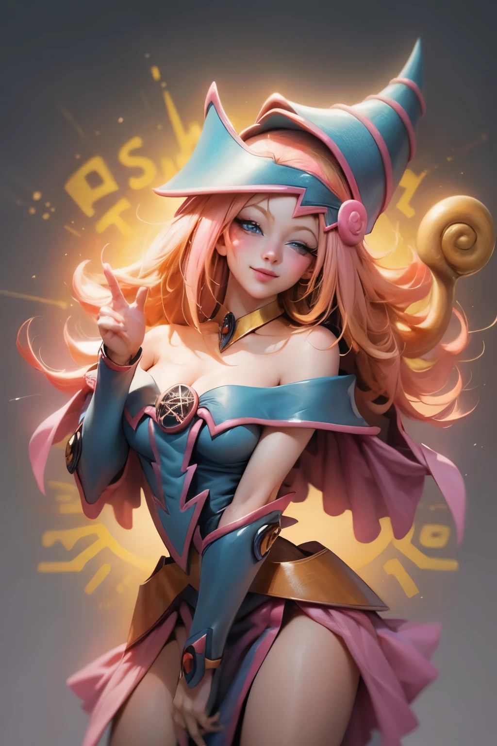 Beautiful face of dark wizard gils. long eyelashes, blue eyes. pink lips. long blonde hair. Yellow hair. exposed shoulders, angelic smile, beautiful well detailed face of dark wizard gils. blowing a kiss. and winking. She is flirtatious with the viewer.