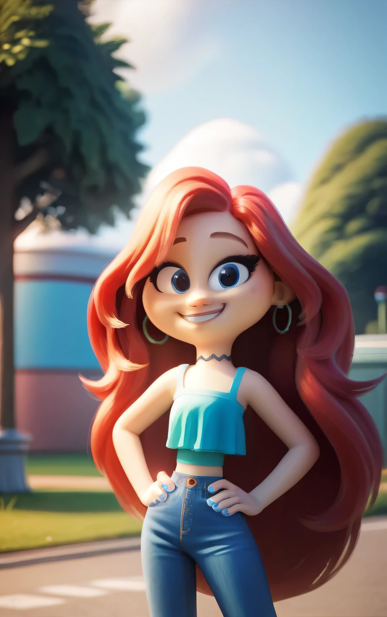 masterpiece, best quality, highly detailed, score_9, score_8_up, score_7_up, score_6_up,source_anime, BREAK, chelsea, 1girl, midriff, upper body, choker, smile, jewelry, very long hair, standing, red hair, earrings, shoes, pants, blue eyes, aqua ruffle crop top, denim, blue nails, jeans, hoop earrings, blue pants, high school park background, looking at viewers, solo, hands on hip,