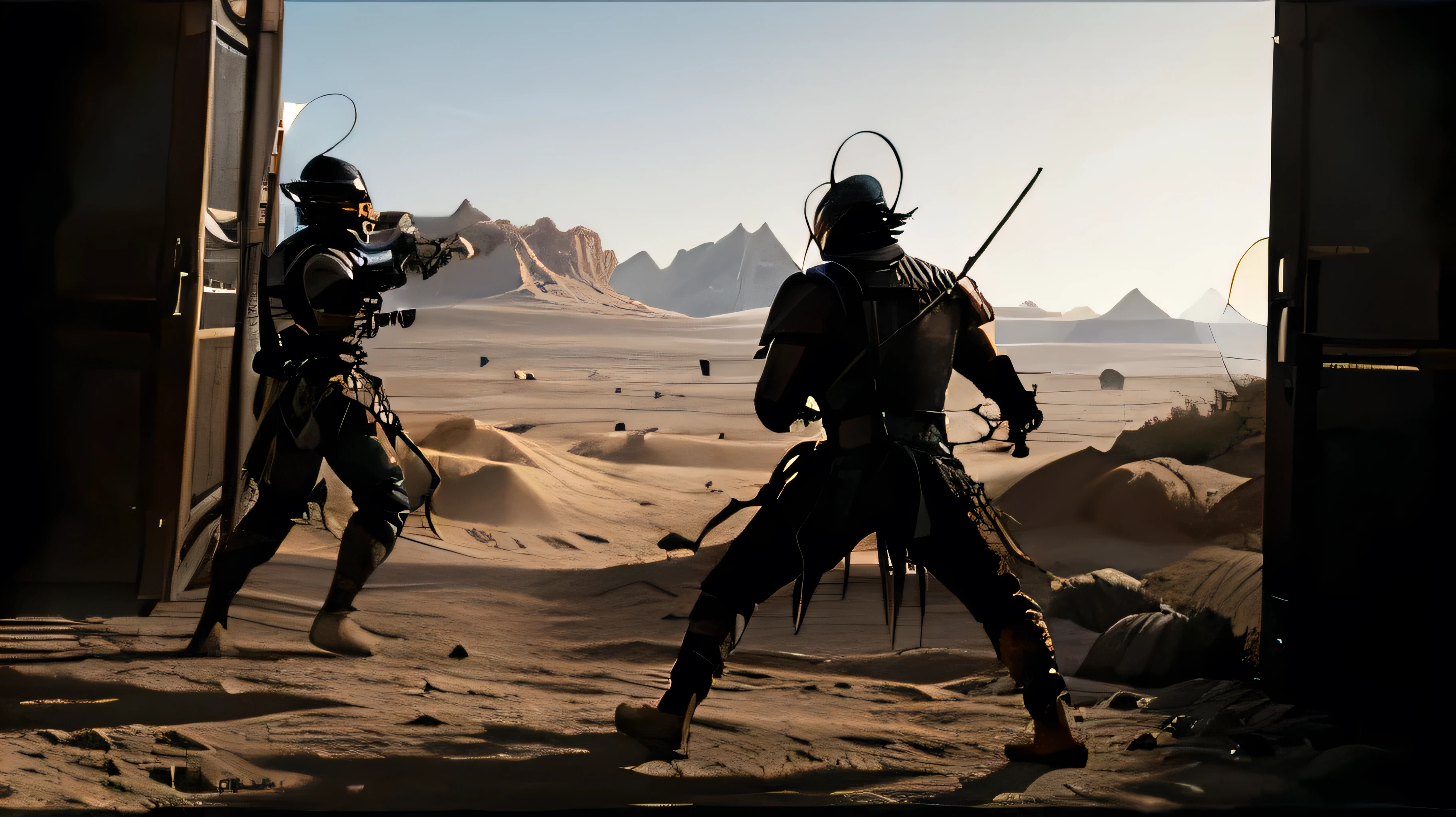 A swordsman in oriental clothes is prepared to fight his opponent. They are in a dramatic desert setting, which bathes the scene in dramatic tones. The scene must be in a desert. The figure on the right adopts an aggressive stance, daggers raised, ready to attack, while the figure on the left is more defensive. This deadlocked composition, reminiscent of a dramatic duel scene, suggests a crucial moment of confrontation. Spectators, also in silhouette, line the sides of the composition, creating a corridor that leads the eye to the central action. The structure's sharp geometric shapes cast shadows and contribute to the depth of the scene. The lighting emphasizes the dramatic tension of the scene, highlighting the action while keeping details of the individuals hidden, allowing the viewer to fill in the narrative. The warm tones suggest a desert setting, possibly from another planet, given the otherworldly architecture, suggesting a science fiction context. The strong contrast and simplicity of the silhouettes against the bright background evoke a sense of epic storytelling. cinematic, 8k, ultra-realistic