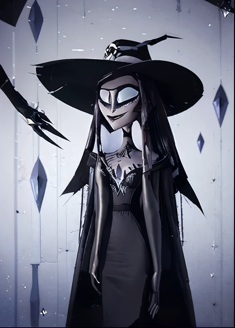 a close up of a woman in a black dress holding a knife, the'other mother'from'coraline ', dark witch character, dark sorceress full view, corpse bride art style, female disney villain, dark sorceress fullbody pose, morgana, the queen of blades, morticia addams, abigail larson, scary queen of death