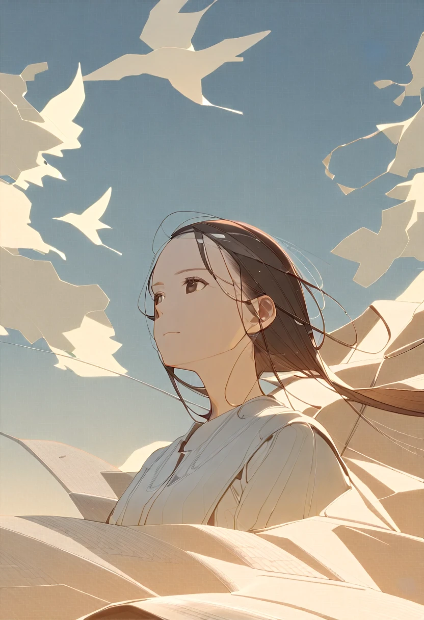 masterpiece, Serene landscape, Sunset on the horizon, Blue sky decorated with gentle clouds. Realistic and ultra-detailed rendering, Sparkling in the warm sunlight. The sun falls for a long time, , 8k resolution, Sharp focus to capture every intricate detail, (Flying Bird: 1.2) (NSFW) (Completely naked) (((Long Hair))) ((())) (((5 years ascape
