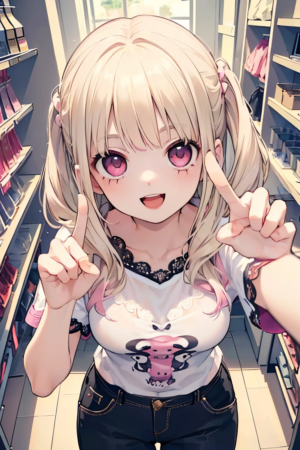 (beautiful young boy:1.3),(Small breasts 1.0),((Lightbeige hair:1.2)),(Medium wave hair:1.1),(pink eyes:1.2),(PRİNCESS:1.1),(short sleeve lace blouse:1.2),(Clothes with botanical patterns:1.25),(A big smile with an open mouth:1.35),(apparel shop,cloth shop:1.25),(Top view:1.1),(Close-up of face:1.0),(Fight pose:1.0).