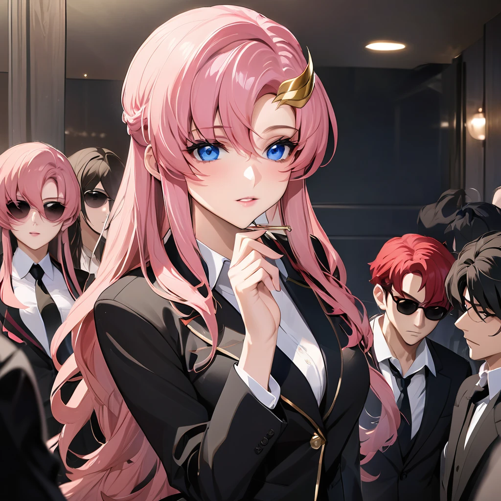 ((Highest quality)), ((masterpiece)), (detailed), （Perfect Face）、The woman is Lacus Clyne, a villainous mafia woman with blue eyes and medium-long pink hair, wearing a black suit, sunglasses, and luxurious accessories.、She is being held close by the mafia boss、The woman is a ruthless mafia member who swears absolute loyalty to the mafia and her boss.