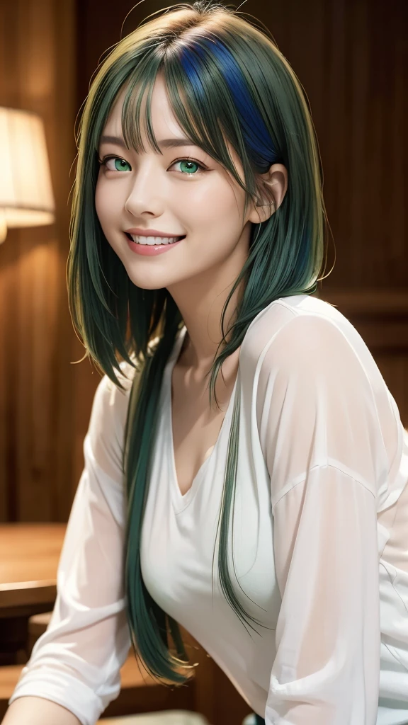 (representative work:1.4), (8K, realistic, RAW photo, Highest image quality:1.4), (21 year old mature woman), (smile:1.4), (side shot:1.5), beautiful face, (realisticな顔), (bright colorful hair, long hairt:1.3), beautiful hairstyle, realistic eyes, Detailed and beautiful eyes, (realisticな肌), beautiful skin, (close up:1.3), charm, 超High resolution, (green eyes:1.3), white shirt:1.4