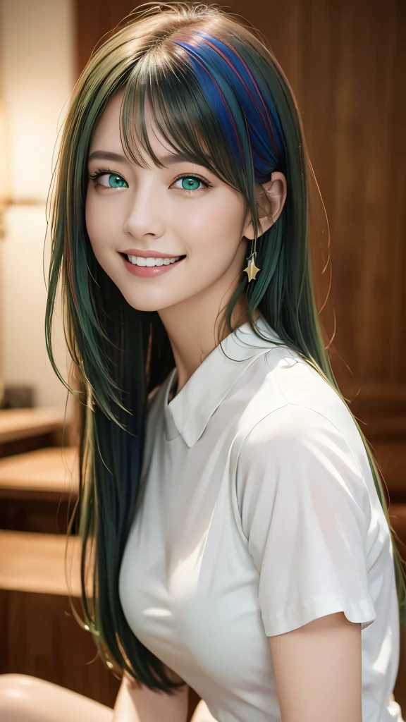 (representative work:1.4), (8K, realistic, RAW photo, Highest image quality:1.4), (21 year old mature woman), (smile:1.4), (side shot:1.5), beautiful face, (realisticな顔), (bright colorful hair, long hairt:1.3), beautiful hairstyle, realistic eyes, Detailed and beautiful eyes, (realisticな肌), beautiful skin, (close up:1.3), charm, 超High resolution, (green eyes:1.3), white shirt:1.4