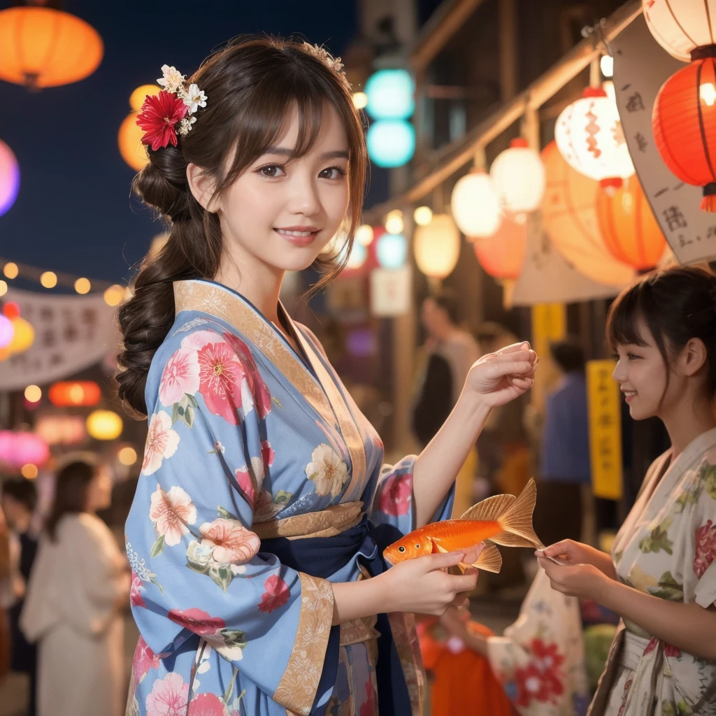 Draw a detailed and realistic portrait of a beautiful young Japanese woman。She has long light brown hair、The large, expressive light brown eyes are impressive.。
Summer Festival Night、Beautiful Japanese woman walking down a street lined with colorful lanterns。She wears a traditional yukata、The yukata has a white floral design on a blue background.。Her hair is tied up in a cool updo、hairpin(Hairpin)is inserted。In her hand she holds a fan with a cute goldfish design on it.、Smiling and looking around the festival stalls。In the background, fireworks are bursting into the summer night sky.、Flowers of light are blooming。