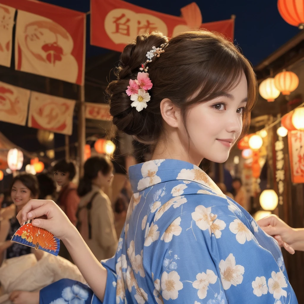 Draw a detailed and realistic portrait of a beautiful young Japanese woman。She has long light brown hair、The large, expressive light brown eyes are impressive.。
Summer Festival Night、Beautiful Japanese woman walking down a street lined with colorful lanterns。She wears a traditional yukata、The yukata has a white floral design on a blue background.。Her hair is tied up in a cool updo、hairpin(Hairpin)is inserted。In her hand she holds a fan with a cute goldfish design on it.、Smiling and looking around the festival stalls。In the background, fireworks are bursting into the summer night sky.、Flowers of light are blooming。