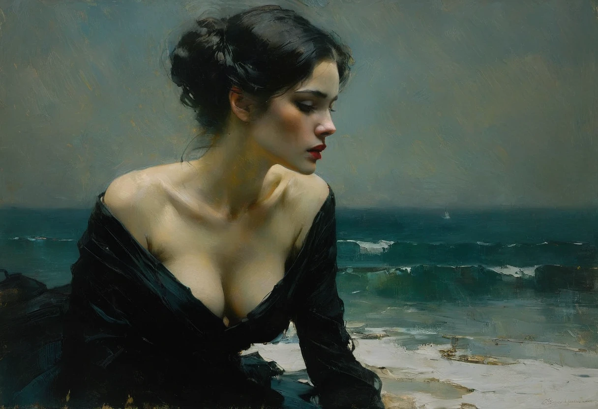 of the sea. Masterpiece. Best quality. Beautiful cinematic impressionistic painting, Dark dramatic character, in the style of Jeremy Mann and Charles Dana Gibson, Mark Demsteader, Paul Hedley