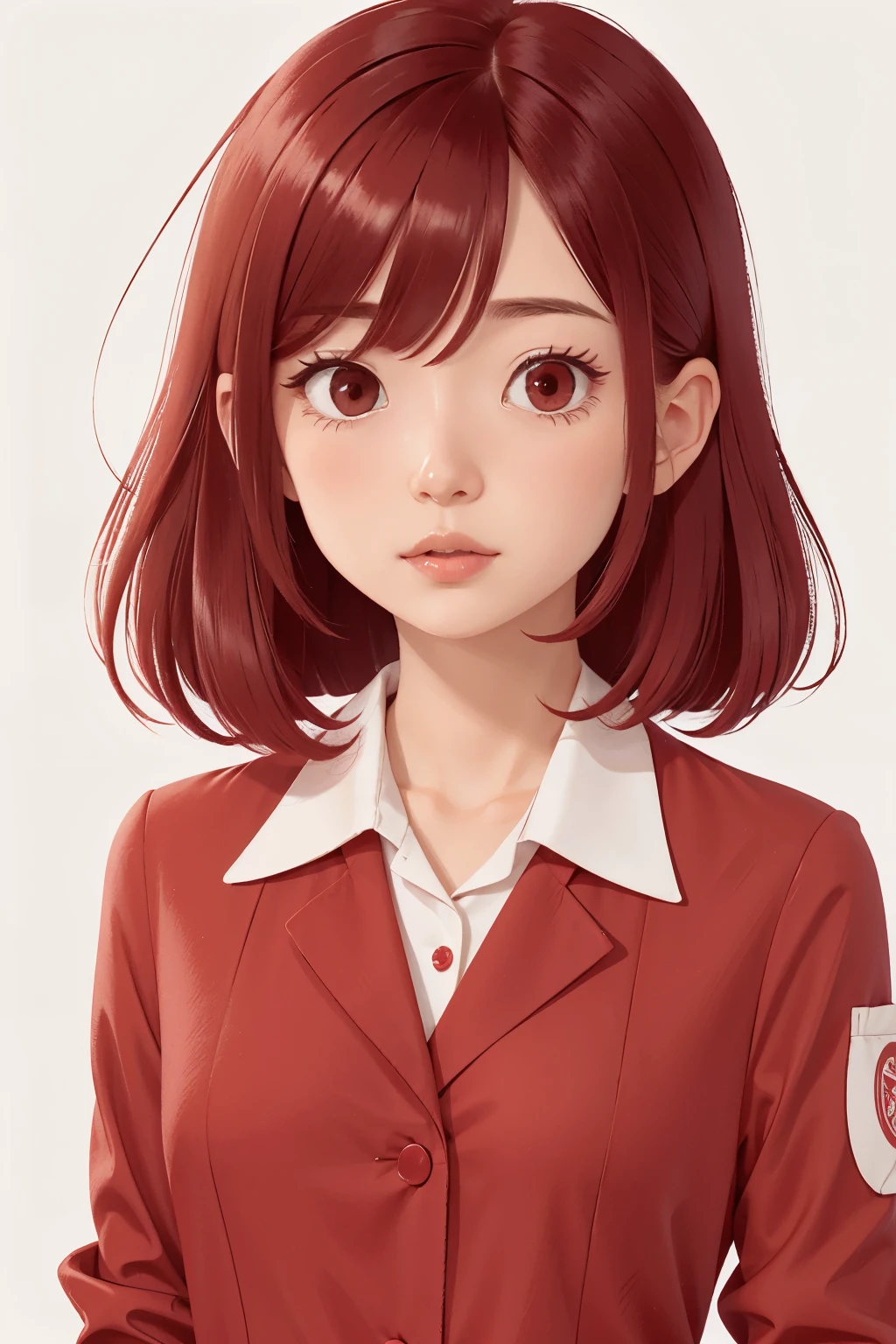 One with shoulder-length hair and a hime cut in marsala red color wearing a hospital coat in a cartoon drawing