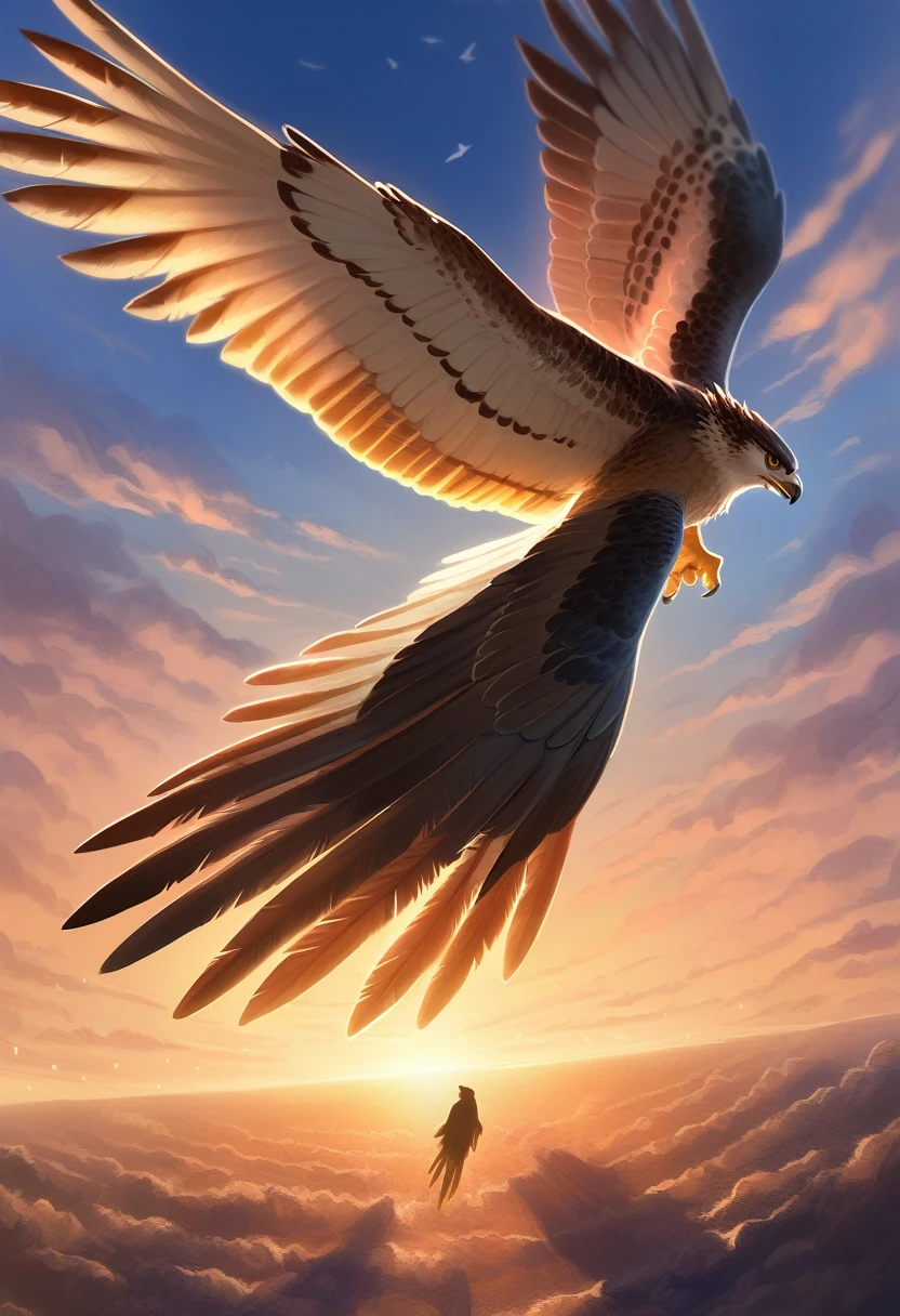((Masterpiece)), ((Best Quality)), (Very Detailed), ((Very Detailed)), 4K, (8K), very aesthetic, absurdres highres, 1 girl, (anthropomorphic hawk, furry, kemono:1.5), A digital painting of a low angle shot of a hawk flying in the sky during golden hour. Emphasize the sense of flight, with the hawk’s wings spread wide and soaring powerfully through the air. Use a strong contrast between the warm colors of the sunset (orange, red, gold) and the cool colors of the sky (blue, pink). Add texture to the hawk’s feathers using digital brushes. Use diagonal lines to guide the viewer’s eye through the composition. Emphasize the backlighting effect to create dramatic silhouettes. The sky should have a gradient from orange to pink, with the hawk’s shadow visible on the ground, highlighting the grandeur and freedom of its flight