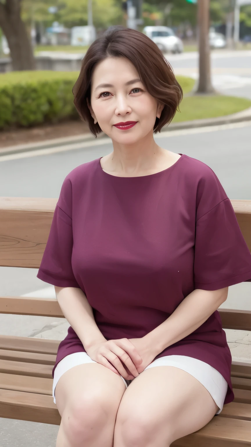 sitting on a park bench, Wrinkles around the eyes, Smiling with teeth showing, Plain short-sleeved clothing, senior citizen, Draw lips correctly, Red lipstick, No discomfort, 16K, Highest quality, Very detailed, Realistic, Very detailed肌, Japanese, alone, 60 years old, Large Breasts, , Glamour, sexy, , Staring straight ahead,