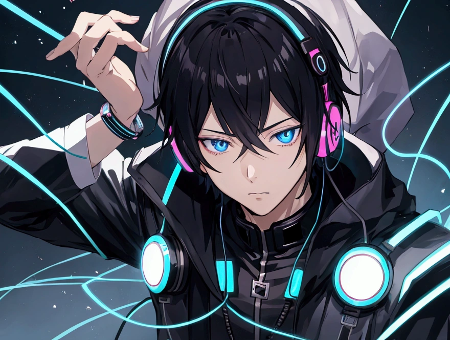 an anime boy eletric, with headphones, listenning music, gaming, an anime bad boy in a secret organization outfit, beautiful eyes, black hair, blue eyes,
