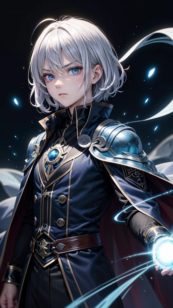 (Highest quality,Very detailed,High resolution:1.2),One adult male,Silver Hair,The most beautiful young man in human history,(1 photo from the front),Dark blue eyes (Dark blue eyes:1.1),さみし気なaura(aura:1.1),(mysterious,Ghostly:1.1) atmosphere,Looks like half a demon,(Demonic traits,Demonic traits),(Elaborate,wonderful) ,Strong Body、Shortcuts、Use magic、auraが漂う、Cape、Stocky physique、Confident expression、Very short hair、The bangs are swept to the side、Permed hair、Sharp eyes、Has a glowing blue fireball、Emits a flash of light from the body、Are standing、((Very angry))