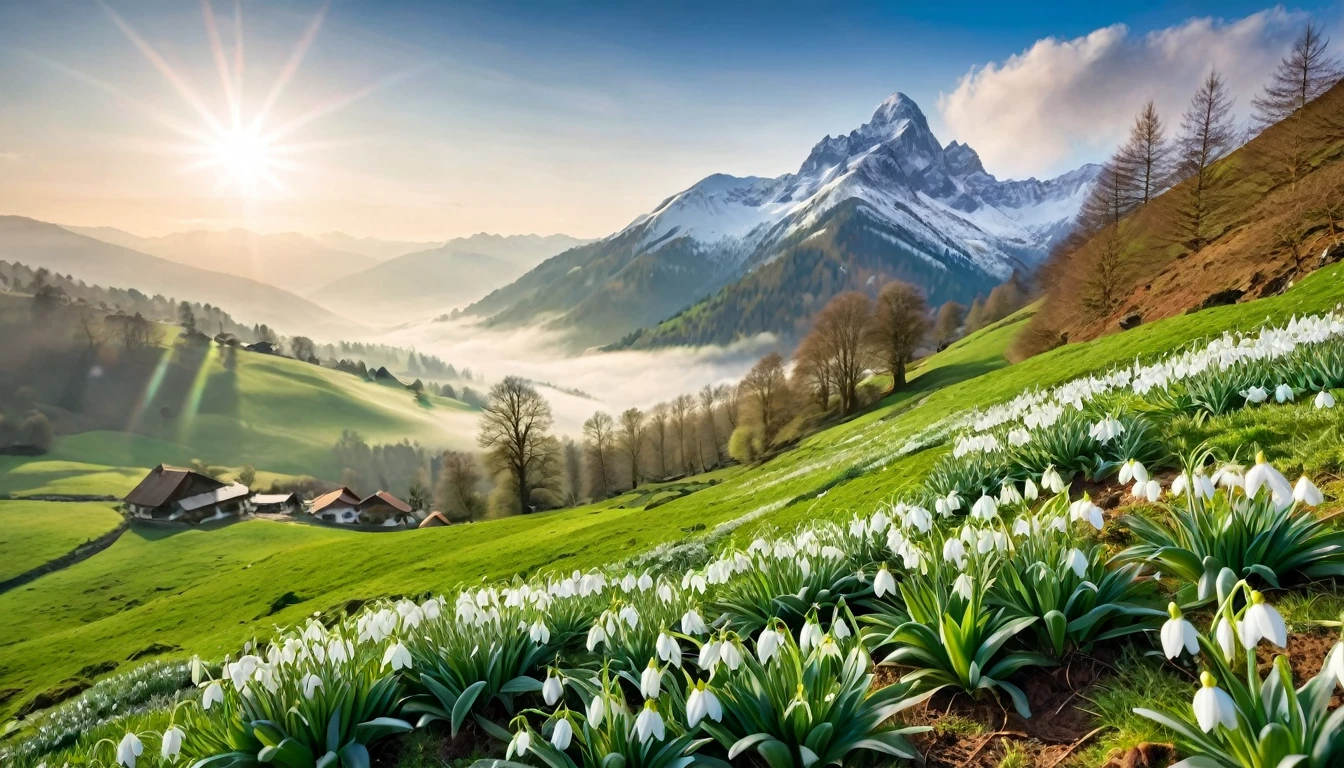 masterpiece, best quality, mbeautiful view, realistic, majestic mountains, spring morning, mist in the valleys, snow on the peaks, greenery, snowdrops, spring morning in the mountains, 