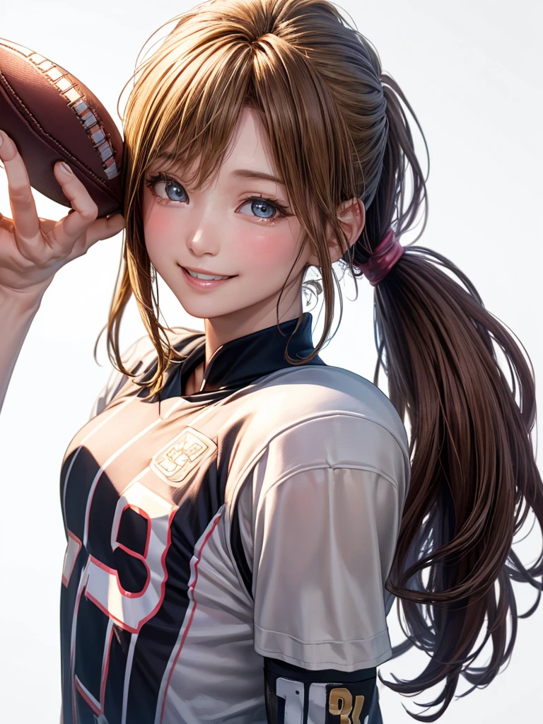 (Highest quality、8k、32K、masterpiece)、(RAW Photos)、(Realisticな)、(High resolution)、Very detailedな、Very beautiful face and eyes、One Girl、Round and small face、Delicate body、(Highest quality、Rich skin detail、Highest quality、8k)、Very detailed、(Realistic、Realistic:1.37)、Vibrant colors、(((Laughter)))、(((blonde)))、(((Side Ponytail)))、(((smile)))、(((Cowboy Shot)))、(((Frame In)))、(((White Background)))、((Medium Hair))、(((Pure white wall background)))、(((blonde)))、(((Wearing a football uniform)))、(((Black and pink uniform)))、(((Uniform with vertical stripes)))、(((Pure white wall background)))、