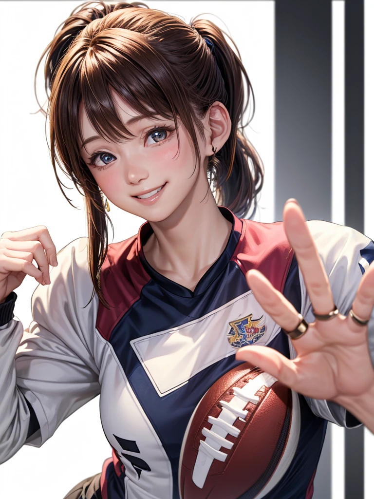 (Highest quality、8k、32K、masterpiece)、(RAW Photos)、(Realisticな)、(High resolution)、Very detailedな、Very beautiful face and eyes、One Girl、Round and small face、Delicate body、(Highest quality、Rich skin detail、Highest quality、8k)、Very detailed、(Realistic、Realistic:1.37)、Vibrant colors、(((Laughter)))、(((blonde)))、(((Side Ponytail)))、(((smile)))、(((Cowboy Shot)))、(((Frame In)))、(((White Background)))、((Medium Hair))、(((Pure white wall background)))、(((blonde)))、(((Wearing a football uniform)))、(((Black and pink uniform)))、(((Uniform with vertical stripes)))、(((Pure white wall background)))、