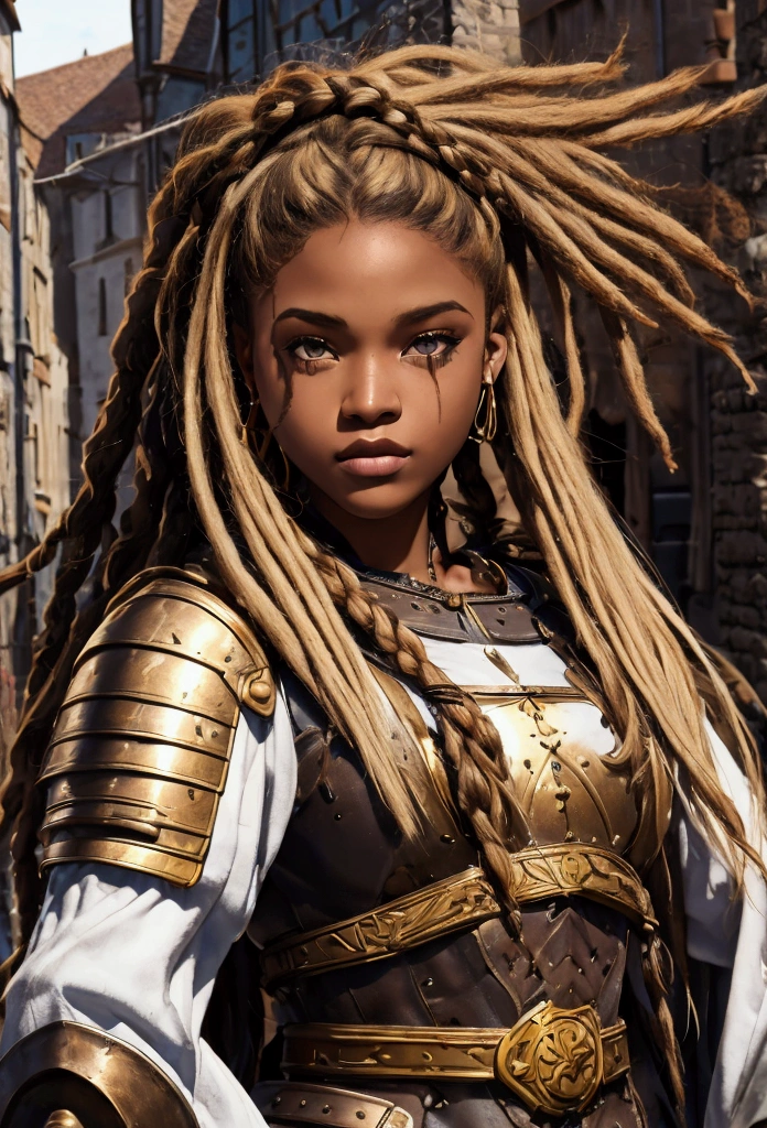 18 year old brown female、Beauty、Blonde、Blonde、Warrior in armor、Completely naked、Dreadlocks、background Medieval port town、High quality p、Upper Body