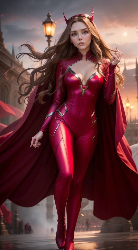 Elizabeth Olsen, Linda, Scarlet Witch Cosplay, photo by full body, scarlet witch tiara, (best qualityer) (detail) (8k) (HD) (wall-paper) (cinematic lighthing) (sharp focus) (intrikate), Ultra high resolution, photo realist, full - length portrait, detailed skin texture, highly detailed skin, face detailed,