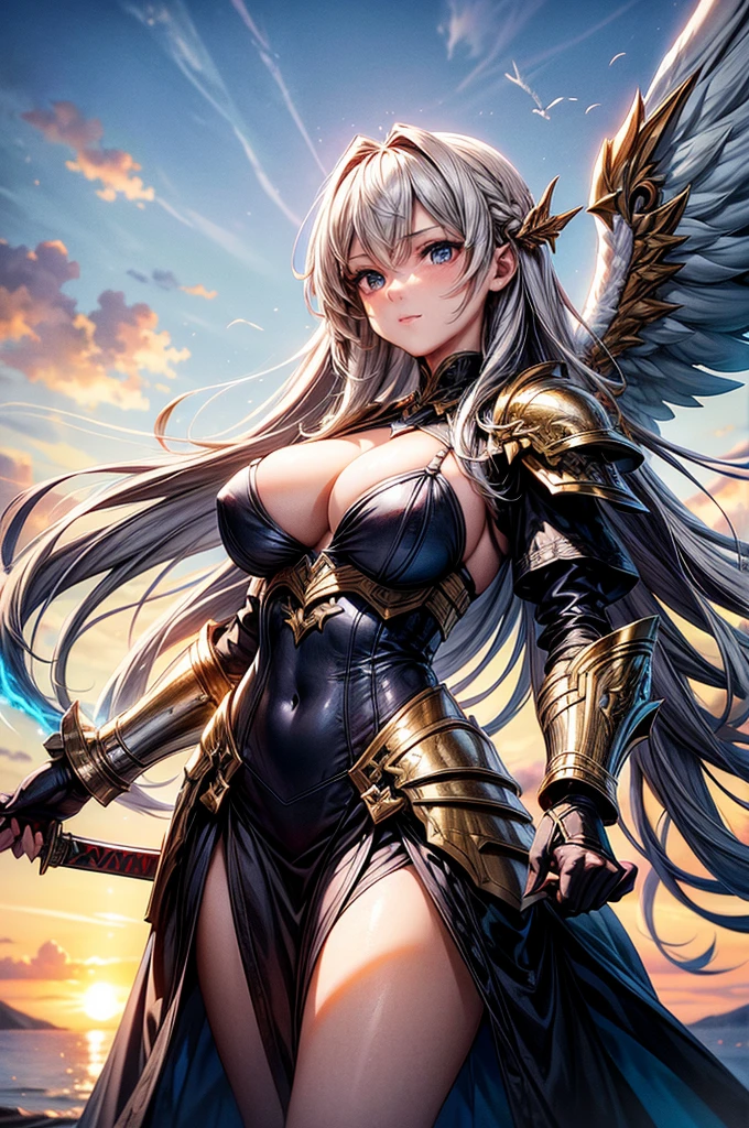 female archangel prepared for battle, an extremally beautiful warrior valkyre, ultra feminine, long hair, blond hair, braided hair, wearing divine heavy armor, cleavage, big breasts, (white armor: 1.2), (angel wings: 1.2) spread, aremed with fantasy sword, sword covered with blue fire, posing for a picture, flying high in the sky, open wings, showing whole body, flying body, zoomed out, sky environment, sunset, 16k, RAW, ultra wide shot, photorealism, depth of field, hyper realistic, 2.5 rendering