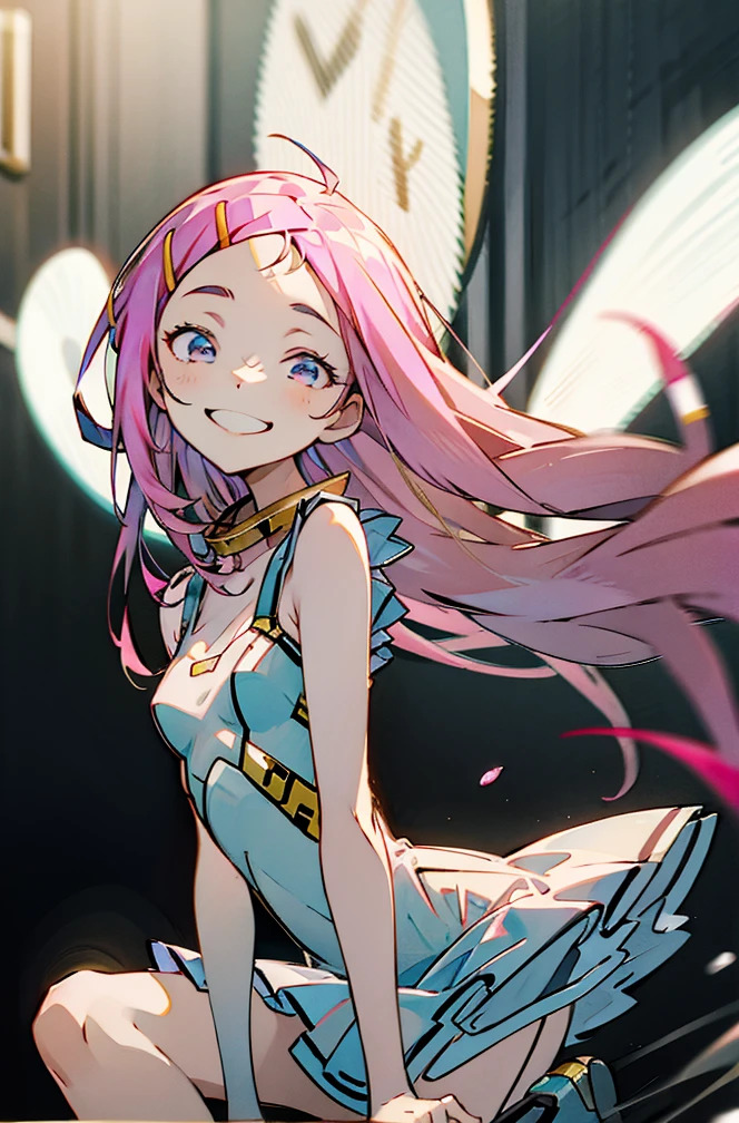 absurdres, best_quality, uhd, masterpiece, 16k, 1girl, pink hair, (((long hair))), flat eyes, plain white mini dress, BREAK, gold collar, small breasts, smile