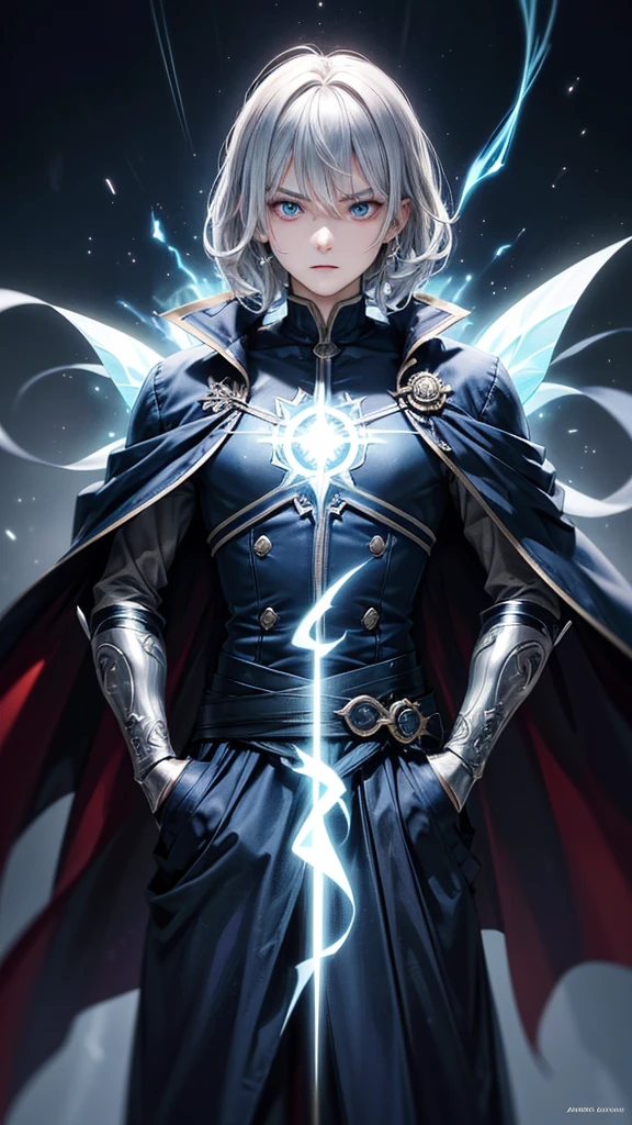 (Highest quality,Very detailed,High resolution:1.2),One adult male,Silver Hair,The most beautiful young man in human history,(1 photo from the front),Dark blue eyes (Dark blue eyes:1.1),さみし気なaura(aura:1.1),(mysterious,Ghostly:1.1) atmosphere,Looks like half a demon,(Demonic traits,Demonic traits),(Elaborate,wonderful) ,Strong Body、Shortcuts、Use magic、auraが漂う、Cape、Stocky physique、Confident expression、Very short hair、The bangs are swept to the side、Permed hair、Sharp eyes、Has a glowing blue fireball、Emits a flash of light from the body、Are standing、Very angry,((Doppelganger))