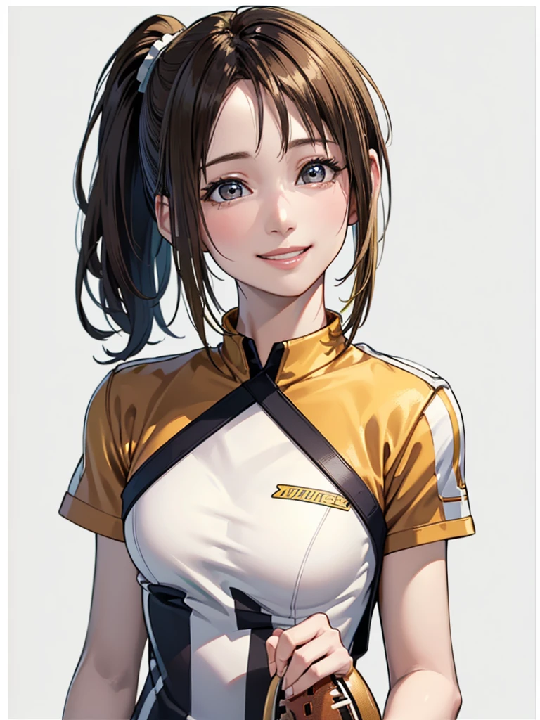 (Highest quality、8k、32K、masterpiece)、(RAW Photos)、(Realisticな)、(High resolution)、Very detailedな、Very beautiful face and eyes、One Girl、Round and small face、Delicate body、(Highest quality、Rich skin detail、Highest quality、8k)、Very detailed、(Realistic、Realistic:1.37)、Vibrant colors、(((Laughter)))、(((blonde)))、(((Side Ponytail)))、(((smile)))、(((Cowboy Shot)))、(((Frame In)))、(((White Background)))、((Medium Hair))、(((Pure white wall background)))、(((blonde)))、(((Wearing a football uniform)))、(((Black and pink uniform)))、(((Uniform with vertical stripes)))、(((Pure white wall background)))、