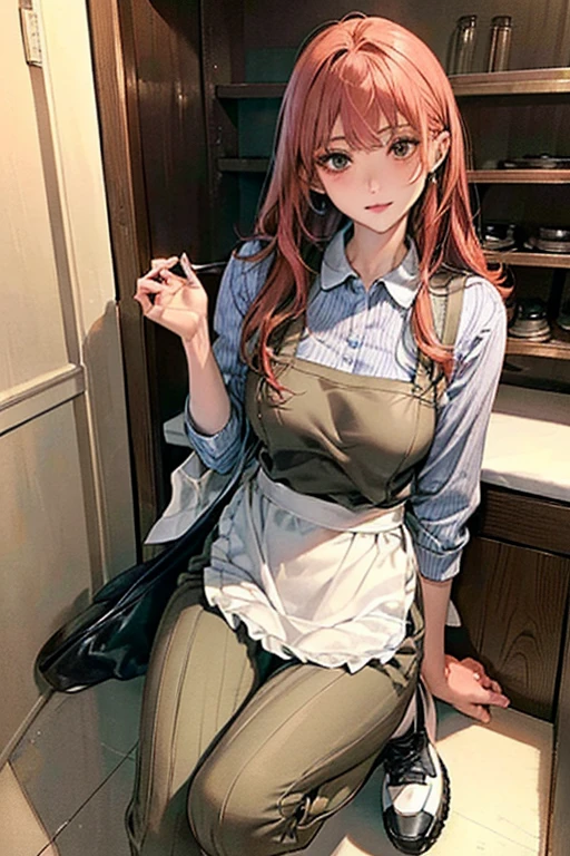 ((Highest quality)),(超High resolution),(Very detailed),(Detailed Description),((The best CG)),(masterpiece),Ultra-detailed art、(Highest quality、8k、32K、masterpiece)、(Realistic)、(Realistic:1.2)、(High resolution)、Very detailed、((Very beautiful face and eyes、Red hair、Loose wavy hair:1.6、hair band:1.9、carelessly tied hair))、1 female、Tight waist、Delicate body、(Highest quality、Attention to detail、Rich skin detail)、(Highest quality、8k、Oil paints:1.2)、Very detailed、(Realistic、Realistic:1.37)、Bright colors、Beautiful Japanese Women、Detailed face、Smooth Skin、Big Breasts、
"Part-time housewife working at a supermarket、((Light blue polo shirt、Features a simple logo and ribbed collar.。Bottoms are、Khaki Tapered Pants。Please wear a front apron or full-coverage apron of the same color、Shoes are black sneakers))。(Add accessories with a simple belt、This includes、This includes understated jewelry such as wedding rings and simple earrings.)。If necessary, Wear a light cardigan or jacket、(長い髪にはhair bandを使用する:1.6)。((Fresh ingredients are everywhere in the background、Food on the shelves、You can see that the products are neatly arranged.))。"