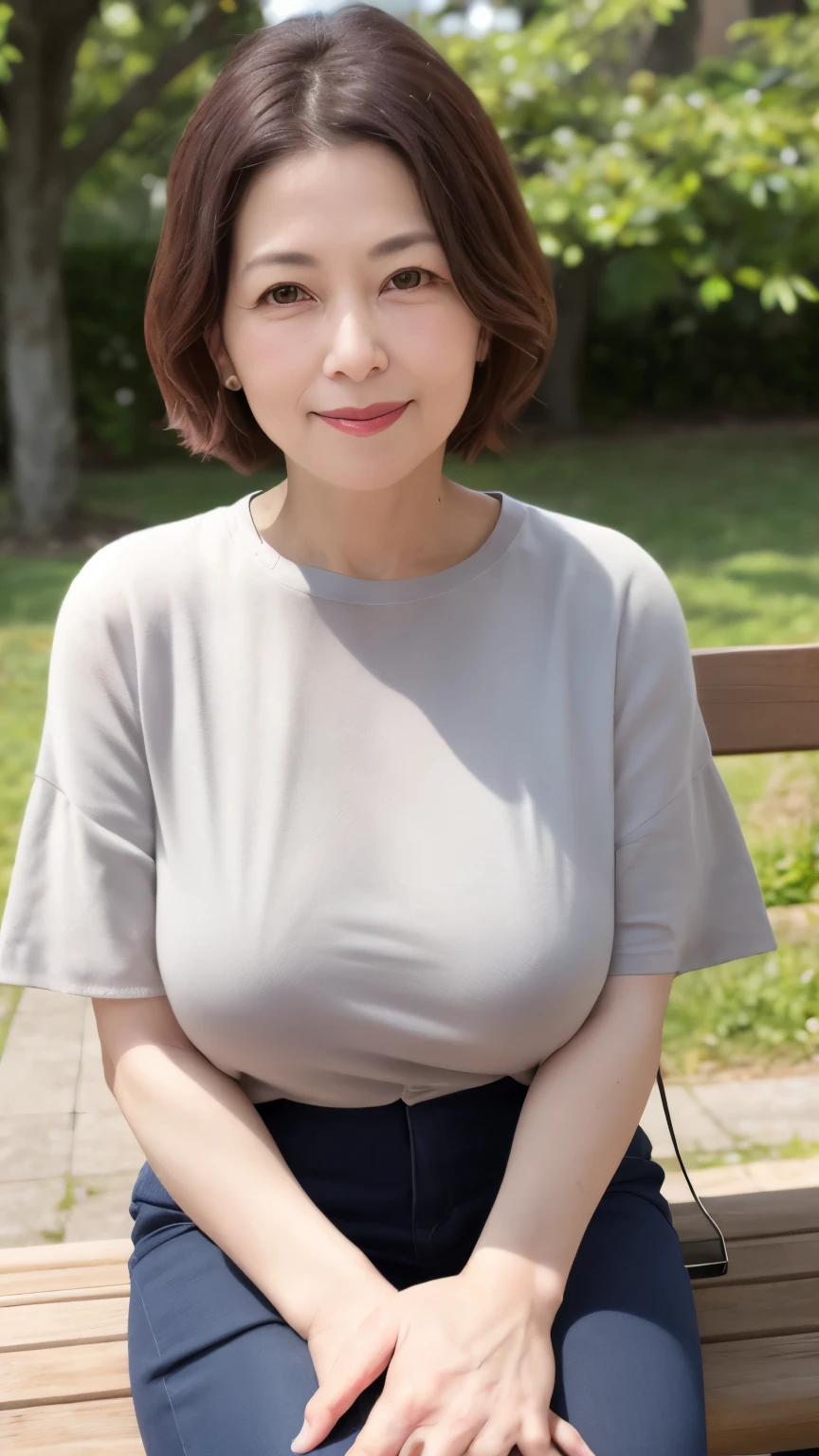 sitting on a park bench, Wrinkles around the eyes, Smiling with teeth showing, Plain short-sleeved clothing, senior citizen, Draw lips correctly, Red lipstick, No discomfort, 16K, Highest quality, Very detailed, Realistic, Very detailed肌, Japanese, alone, 60 years old, Large Breasts, , Glamour, sexy, , Staring straight ahead,