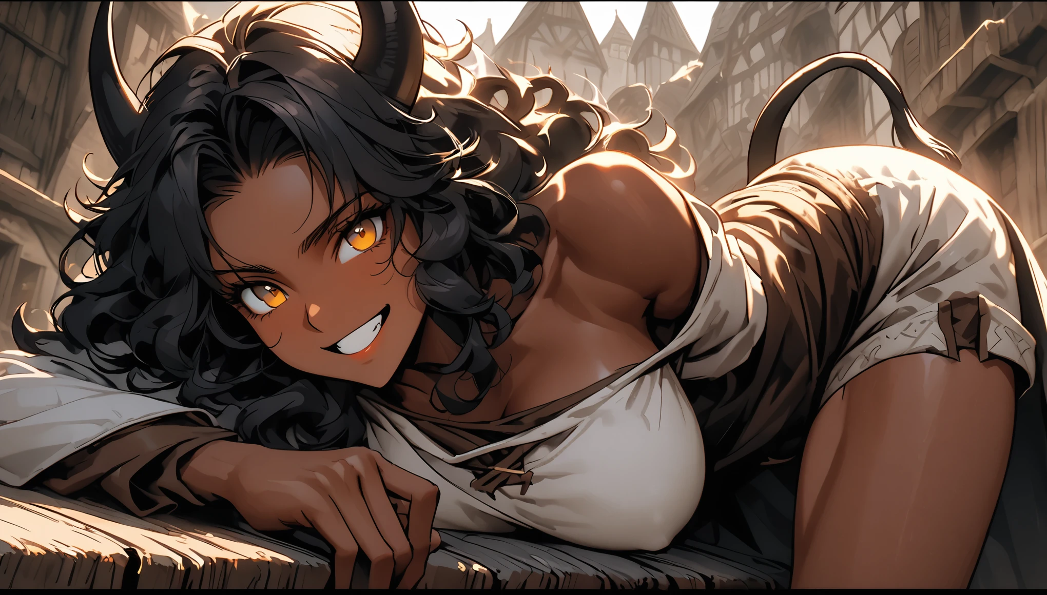 solo, female, close up, warm deep brown skin, muscular, golden eyes, wild hair, black hair, shoulder-length hair, curly hair, broad shoulders, curved black horns, very tall, large breasts, simple tight medieval clothes, shorts, medieval, town, cow tail:1.4, minotaur girl, tomboy, cocky smile, young, lying on bench, pinup pose