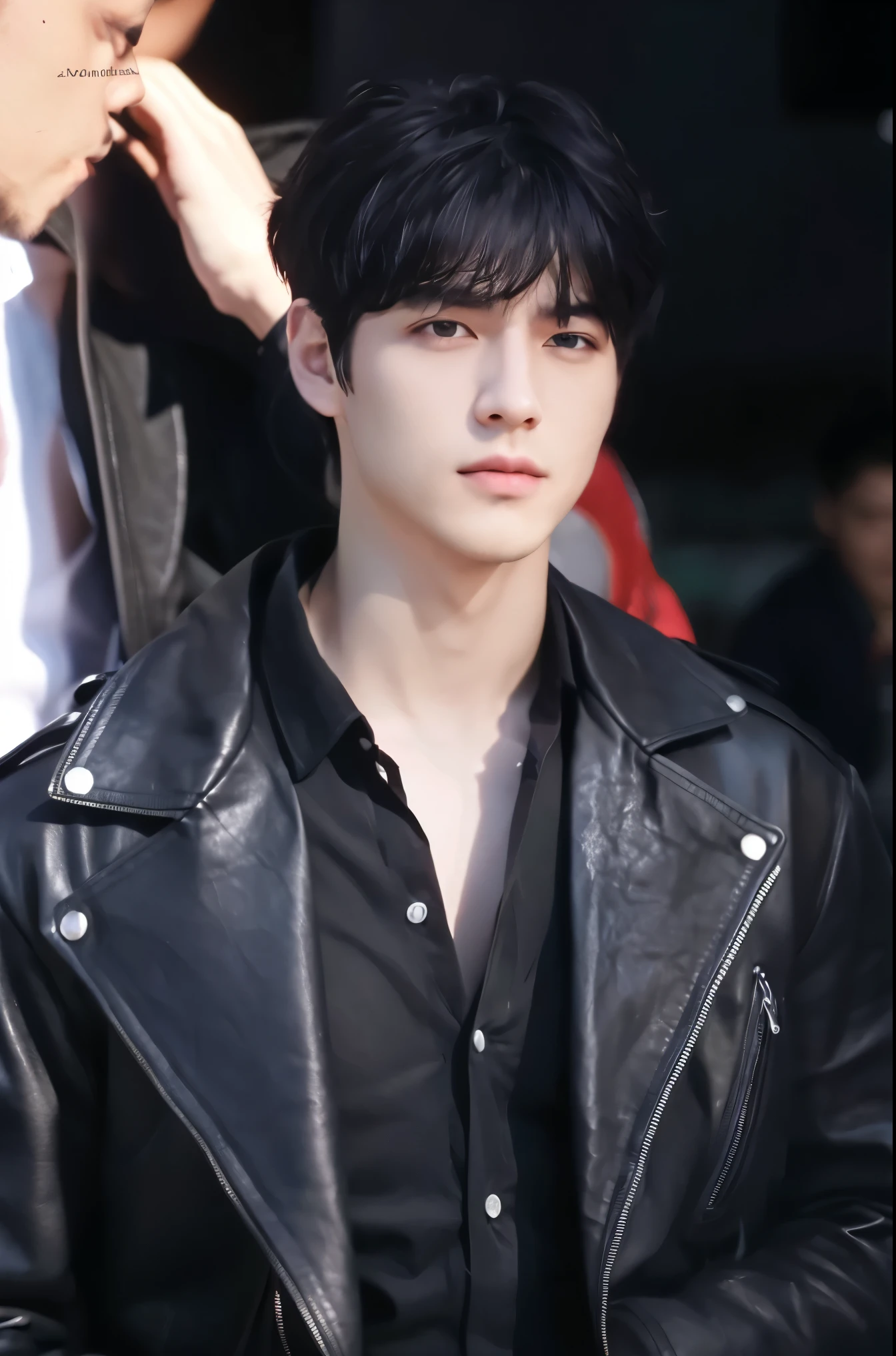 4k, high resolution, best quality, masterpiece, perfect color, perfect shade, perfect lighting, Posted by e621, ((portrait)), ((handsome man)), perfect male figure, Short hair details,Detailed face, perfect face, (stood up), Detailed background, ((Bonifasco Lighting)),black hair, wearing black leather jacket, purple eyes,