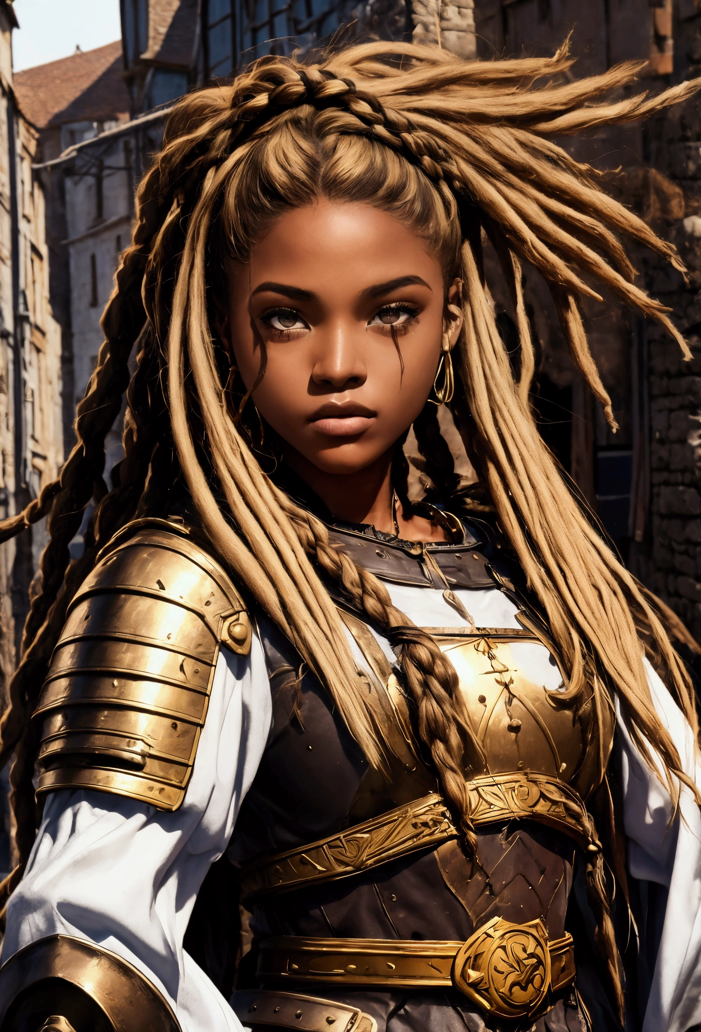 18 year old brown female、Beauty、Blonde、Blonde、Warrior in armor、Completely naked、Dreadlocks、background Medieval port town、High quality p、Upper Body