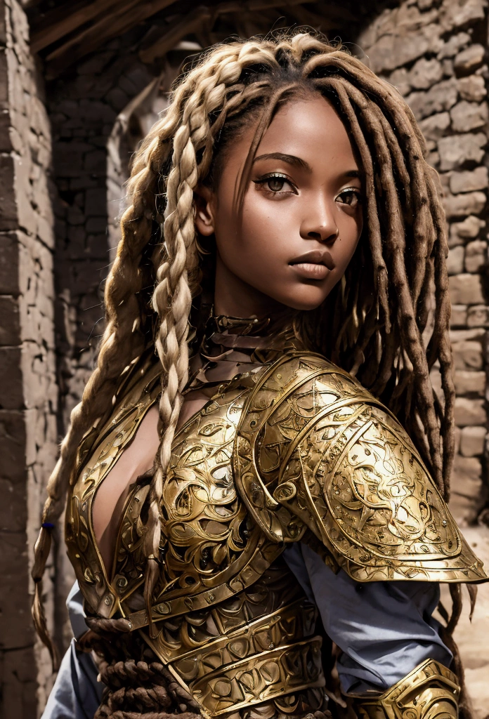 18 year old brown female、Beauty、Blonde、Blonde、Warrior in armor、Completely naked、Dreadlocks、background Medieval port town、High quality p、Upper Body