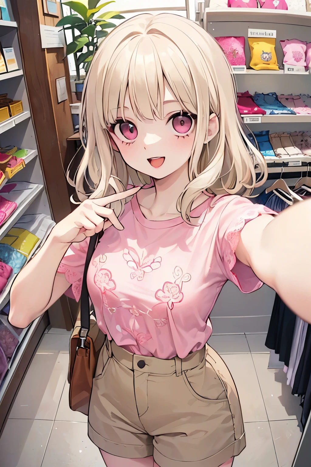 (beautiful young boy:1.3),(Small breasts 1.0),((Lightbeige hair:1.2)),(Medium wave hair:1.1),(pink eyes:1.2),(PRİNCESS:1.1),(short sleeve lace blouse:1.2),(Clothes with botanical patterns:1.25),(A big smile with an open mouth:1.35),(apparel shop,cloth shop:1.25),(Top view:1.1),(Close-up of face:1.0),(Trying on:1.0).