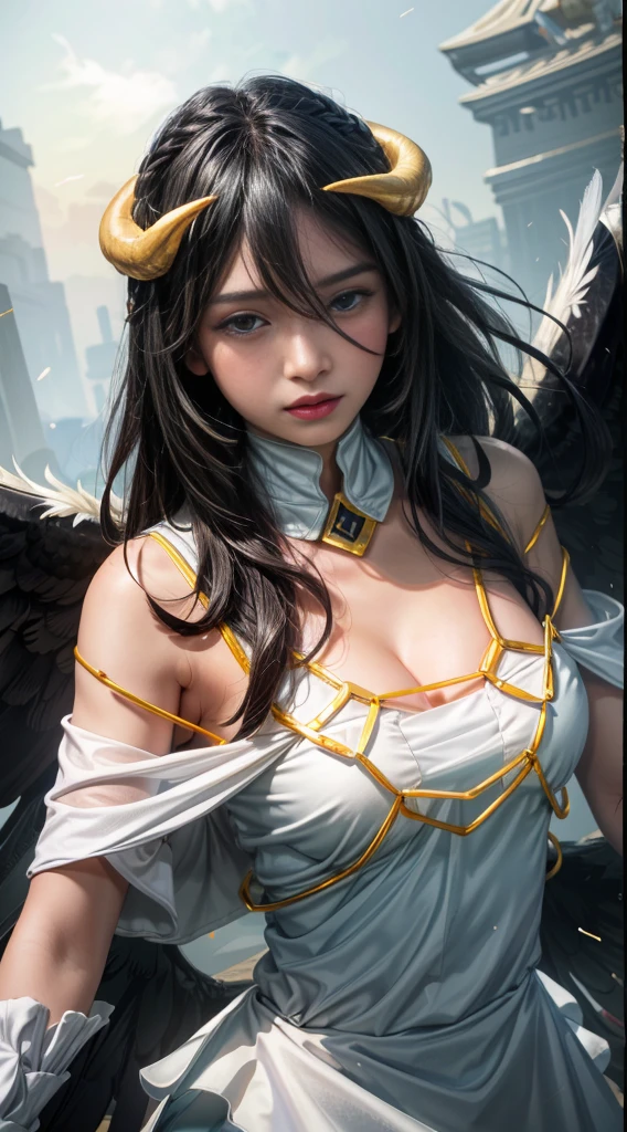 Masterpiece, Best quality, Ultra-detailed, illustration, epic lighting, Cinematic composition, isometry,(hexagons:1.2), 1girll, Horns, Solo, Yellow eyes, Black hair, Long hair, (Low wing:1.2), Large cleavage, Bare shoulders, hair between eye, Medium breasts, (White dress:1.1), Golden decoration, Detached collar, view the viewer, Semi-closed Eyes, (view the viewer:1.1), parted lip, Blush, Black feathers fall, Arena, particle fx, (8K:1.1), blushing face 