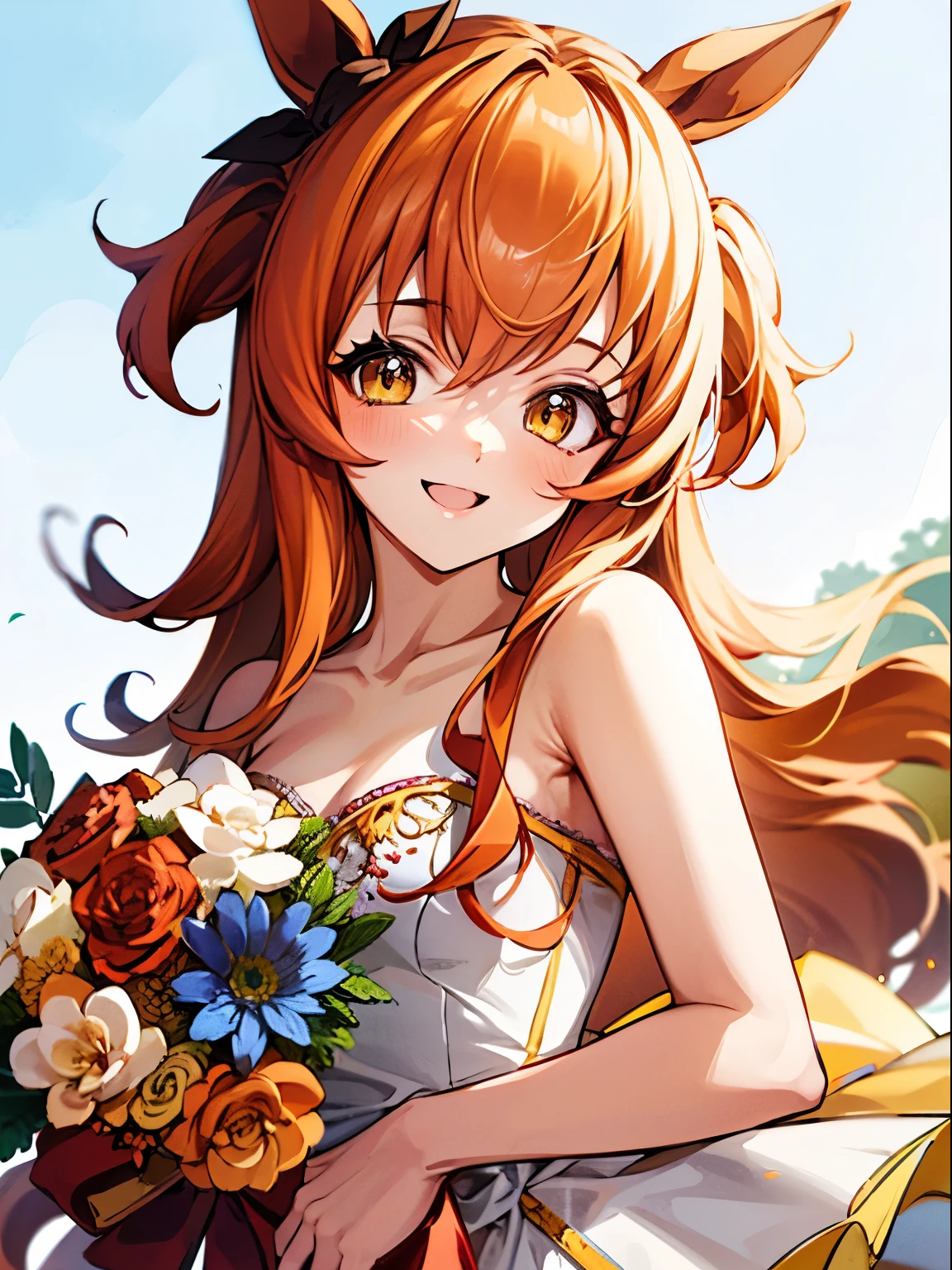 mayano topgun \(umamusume\), 1 girl, Solo, Cute Girl,Best Quality, Ultra-detailed, 8K, High resolution, detailed face, smile, happy, wedding dress, white dress, lacy dress, off shoulder, tiara, bouquet,