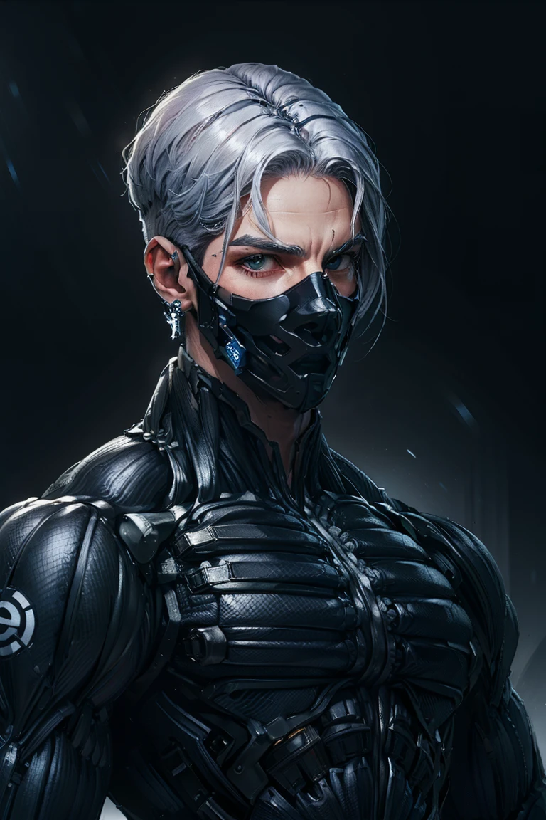 {Best Quality, 8k, Masterpiece}, (Realistic), [[Male]], [[White Hair]], ((Middle Part Haircut)), (Earrings), (Mask)