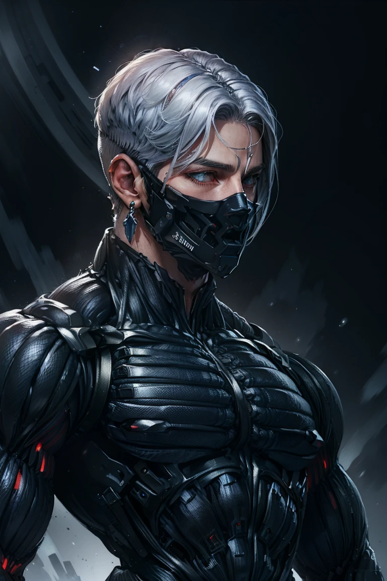 {Best Quality, 8k, Masterpiece}, (Realistic), [[Male]], [[White Hair]], ((Middle Part Haircut)), (Earrings), (Mask)