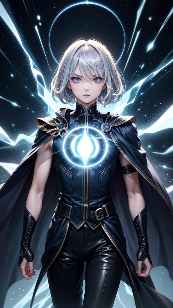 (Highest quality,Very detailed,High resolution:1.2),One adult male,Silver Hair,The most beautiful young man in human history,(1 photo from the front),Dark blue eyes (Dark blue eyes:1.1),さみし気なaura(aura:1.1),(mysterious,Ghostly:1.1) atmosphere,Looks like half a demon,(Demonic traits,Demonic traits),(Elaborate,wonderful) ,Strong Body、Shortcuts、Use magic、auraが漂う、Cape、Stocky physique、Confident expression、Very short hair、The bangs are swept to the side、Permed hair、Sharp eyes、Has a glowing blue fireball、Emits a flash of light from the body、Are standing、Very angry,((teleportation))