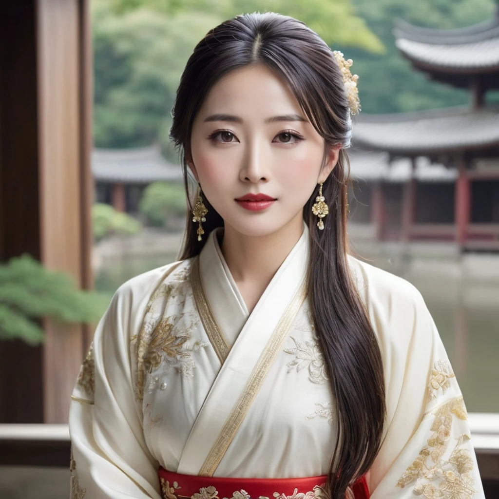 ((Highest quality)), ((masterpiece)), (detailed), （Perfect Face）、The woman is the beautiful Japanese woman, Satomi Ishihara, with large breasts and excellent proportions. She has her medium-long hair tied up and is wearing a luxurious wedding Hanfu with gold embroidery and trim, gorgeous accessories, and an engagement ring.、The woman is in a luxurious palace in China, embracing and kissing a handsome and dignified middle-aged Chinese man, making love and getting married.