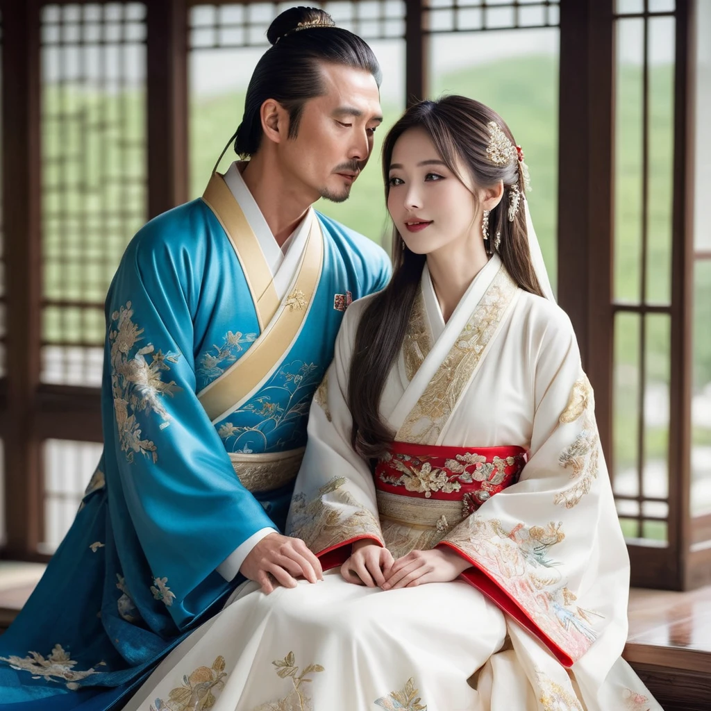 ((Highest quality)), ((masterpiece)), (detailed), (Perfect Face)、The woman is the beautiful Japanese woman, Satomi Ishihara, with large breasts and excellent proportions. She has her medium-long hair tied up and is wearing a luxurious wedding Hanfu with gold embroidery and trim, gorgeous accessories, and an engagement ring.、The woman is in a luxurious palace in China, embracing and kissing a handsome and dignified middle-aged Chinese man, making love and getting married.