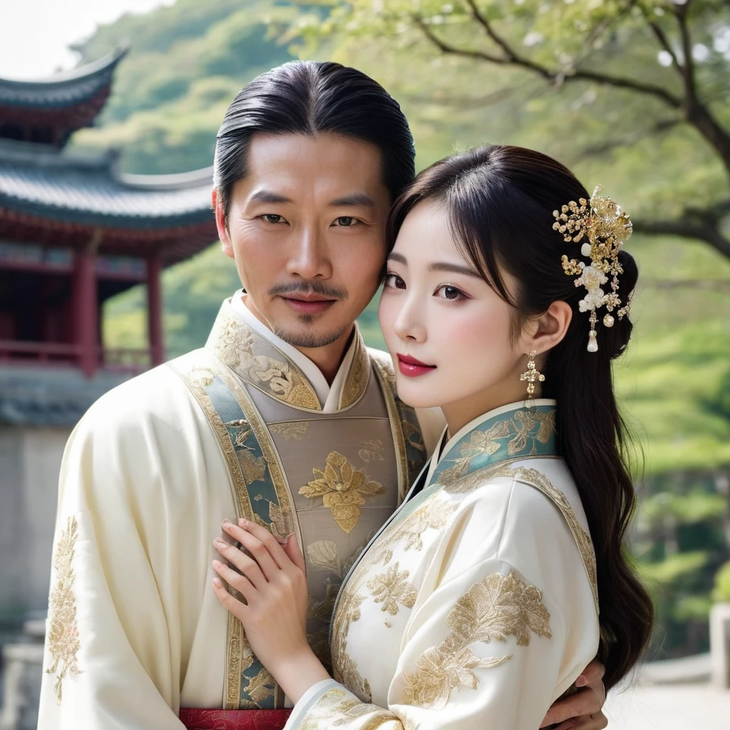 ((Highest quality)), ((masterpiece)), (detailed), (Perfect Face)、The woman is the beautiful Japanese woman, Satomi Ishihara, with large breasts and excellent proportions. She has her medium-long hair tied up and is wearing a luxurious wedding Hanfu with gold embroidery and trim, gorgeous accessories, and an engagement ring.、The woman is in a luxurious palace in China, embracing and kissing a handsome and dignified middle-aged Chinese man, making love and getting married.