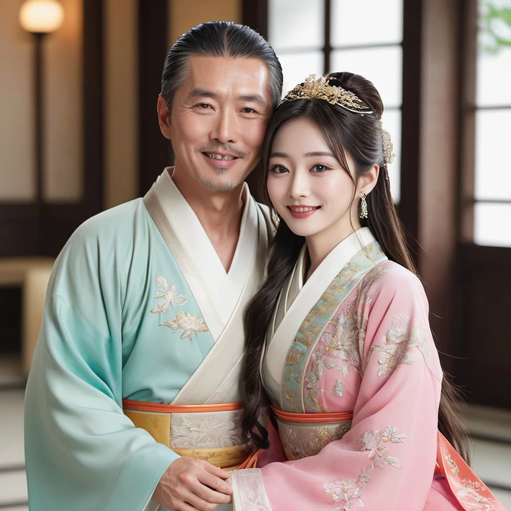 ((Highest quality)), ((masterpiece)), (detailed), (Perfect Face)、The woman is the beautiful Japanese woman, Satomi Ishihara, with large breasts and excellent proportions. She has her medium-long hair tied up and is wearing a luxurious wedding Hanfu with gold embroidery and trim, gorgeous accessories, and an engagement ring.、The woman is in a luxurious palace in China, embracing and kissing a handsome and dignified middle-aged Chinese man, making love and getting married.