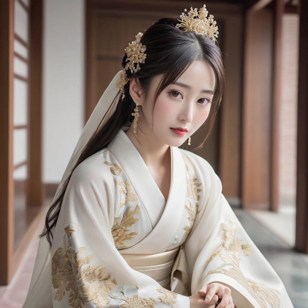 ((Highest quality)), ((masterpiece)), (detailed), (Perfect Face)、The woman is the beautiful Japanese woman, Satomi Ishihara, with large breasts and excellent proportions. She has her medium-long hair tied up and is wearing a luxurious wedding Hanfu with gold embroidery and trim, gorgeous accessories, and an engagement ring.、The woman and a dignified old Chinese man are in a luxurious palace in China, embracing each other, kissing each other in love, and getting married.
