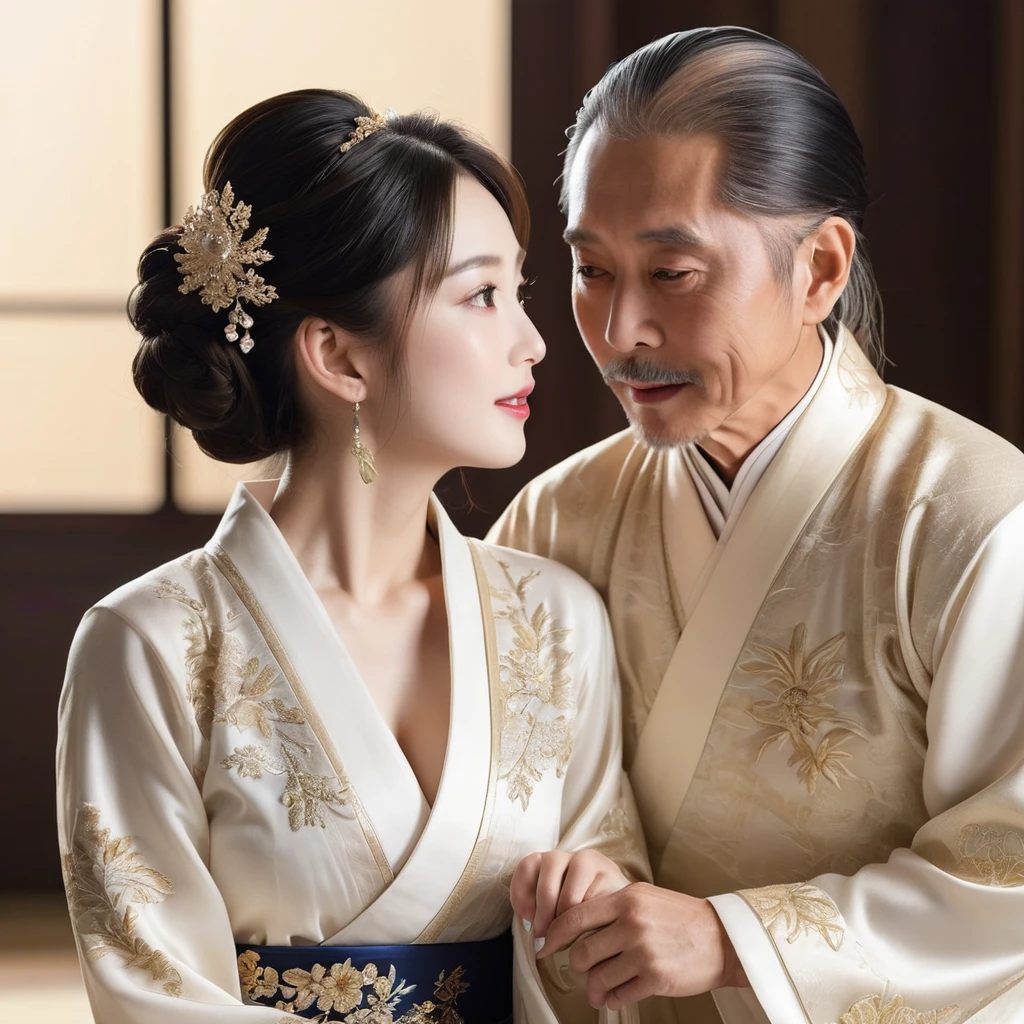 ((Highest quality)), ((masterpiece)), (detailed), (Perfect Face)、The woman is the beautiful Japanese woman, Satomi Ishihara, with large breasts and excellent proportions. She has her medium-long hair tied up and is wearing a luxurious wedding Hanfu with gold embroidery and trim, gorgeous accessories, and an engagement ring.、The woman and a dignified old Chinese man are in a luxurious palace in China, embracing each other, kissing each other in love, and getting married.